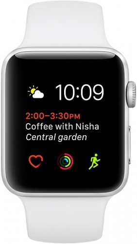 Apple Watch Series 1, Корпус 38 мм из серебристого алюминия, спортивный ремешок белого цвета (MNNG2)