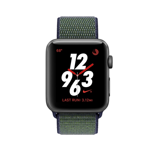 Apple Watch Series 3 Nike+ Cellular 38мм, корпус из алюминия цвета «серый космос», cпортивный браслет Nike цвета «полночный туман» (MQLA2)