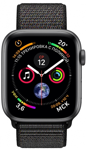 Apple Watch Series 4, 44 мм, корпус из алюминия цвета «серый космос», спортивный браслет чёрного цвета (MU6E2) MU6E2