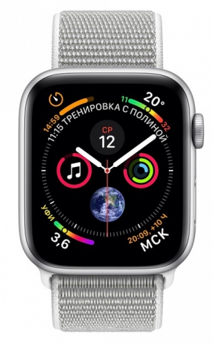 Apple Watch Series 4, 44 мм, корпус из алюминия серебристого цвета, спортивный браслет цвета «белая ракушка» (MU6C2) MU6C2