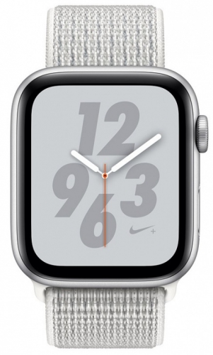 Apple Watch Nike+ Series 4, 44 мм, корпус из алюминия серебристого цвета, спортивный браслет Nike цвета «снежная вершина» (MU7H2) MU7H2