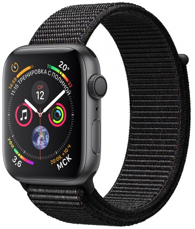 Apple Watch Series 4, 44 мм, корпус из алюминия цвета «серый космос», спортивный браслет чёрного цвета (MU6E2) MU6E2