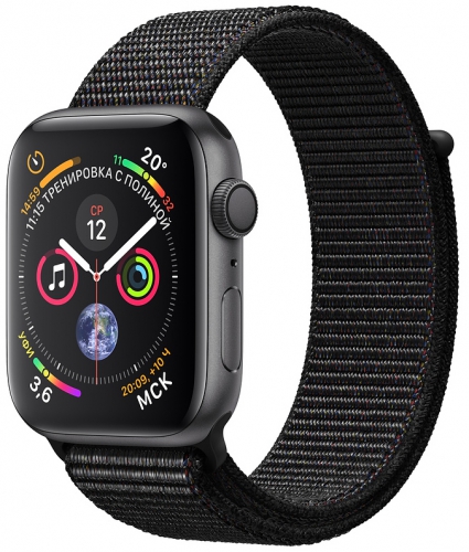 Apple Watch Series 4, 44 мм, корпус из алюминия цвета «серый космос», спортивный браслет чёрного цвета (MU6E2) MU6E2