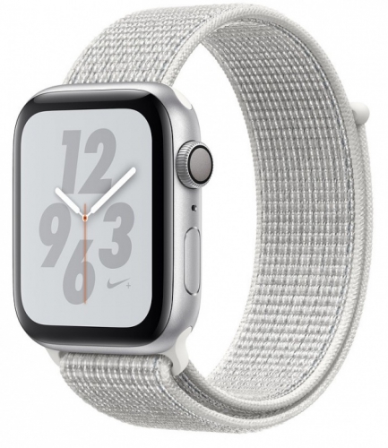 Apple Watch Nike+ Series 4, 44 мм, корпус из алюминия серебристого цвета, спортивный браслет Nike цвета «снежная вершина» (MU7H2) MU7H2